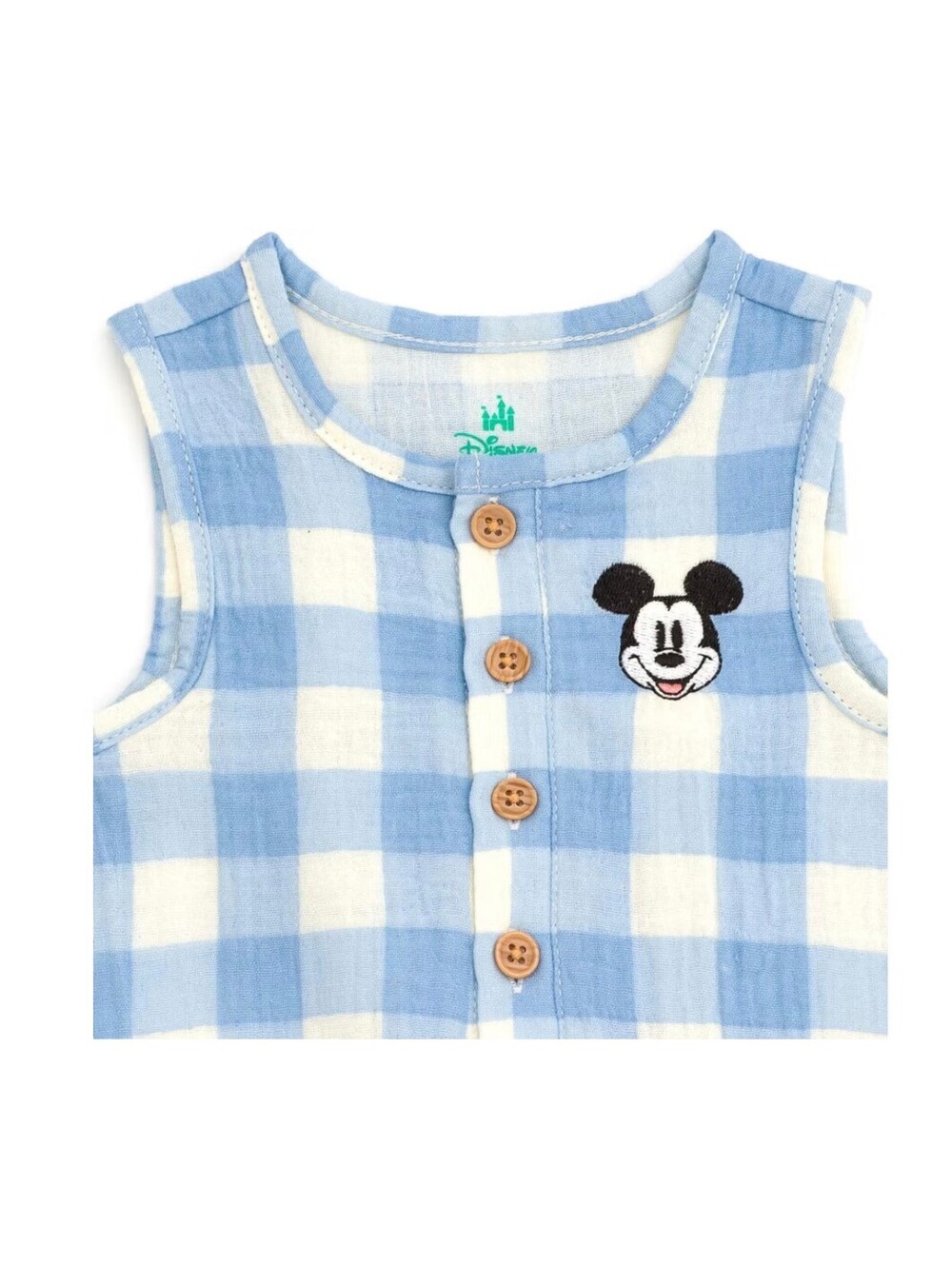 NWT Disney Baby Mickey Mouse Cotton Gauze Sleeveless Gingham Romper - Light Blue
